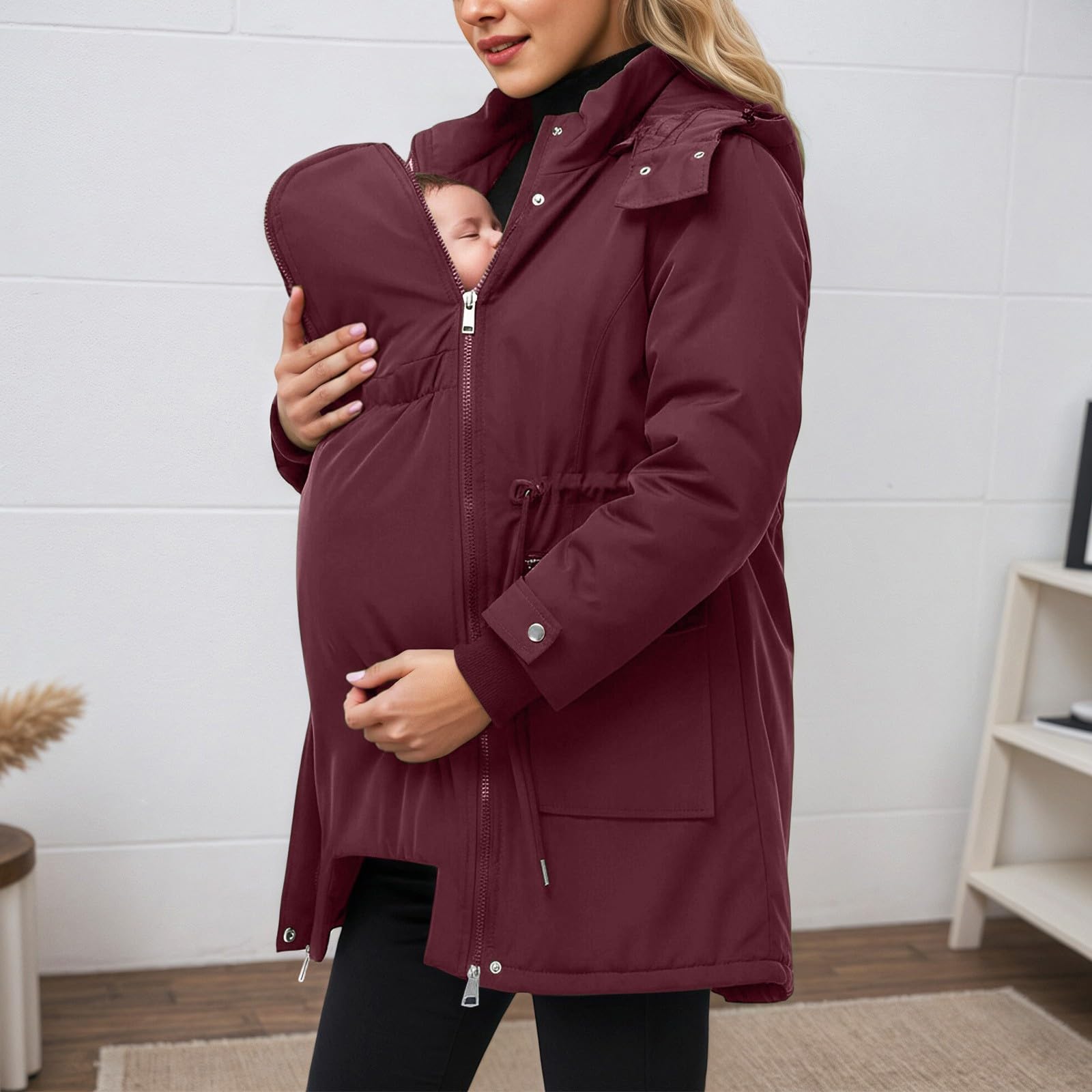 Generico Giacca da trasporto per mamma e bambino, calda giacca premaman con inserto per neonato, cappotto lungo al ginocchio, con coulisse regolabile, per gravidanza, autunno, inverno