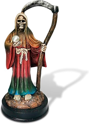 Estatua de Santa Muerte de arco iris sosteniendo guadaña en bata de arco iris de siete poderes estatua de resina religiosa de 5 pulgadas Muerte