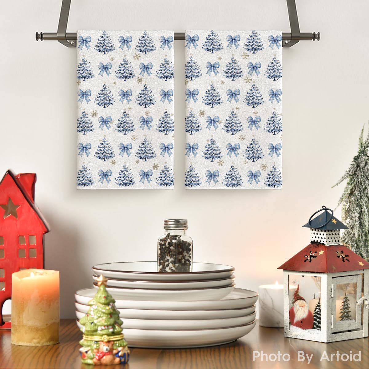 Artoid Mode Blue Bowknot Xmas Tree Christmas Kitchen Towels Dish Towels, 18x26 Inch Farmhouse Snowflake Winter Decoration Cleaning Set of 2 - Image 2