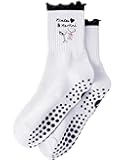 Yawlsow Cute Pilates Grip Socks for Women Ruffle Frilly Yoga Socks Non Slip Cotton Crew Grippy Sock for Barre Workout