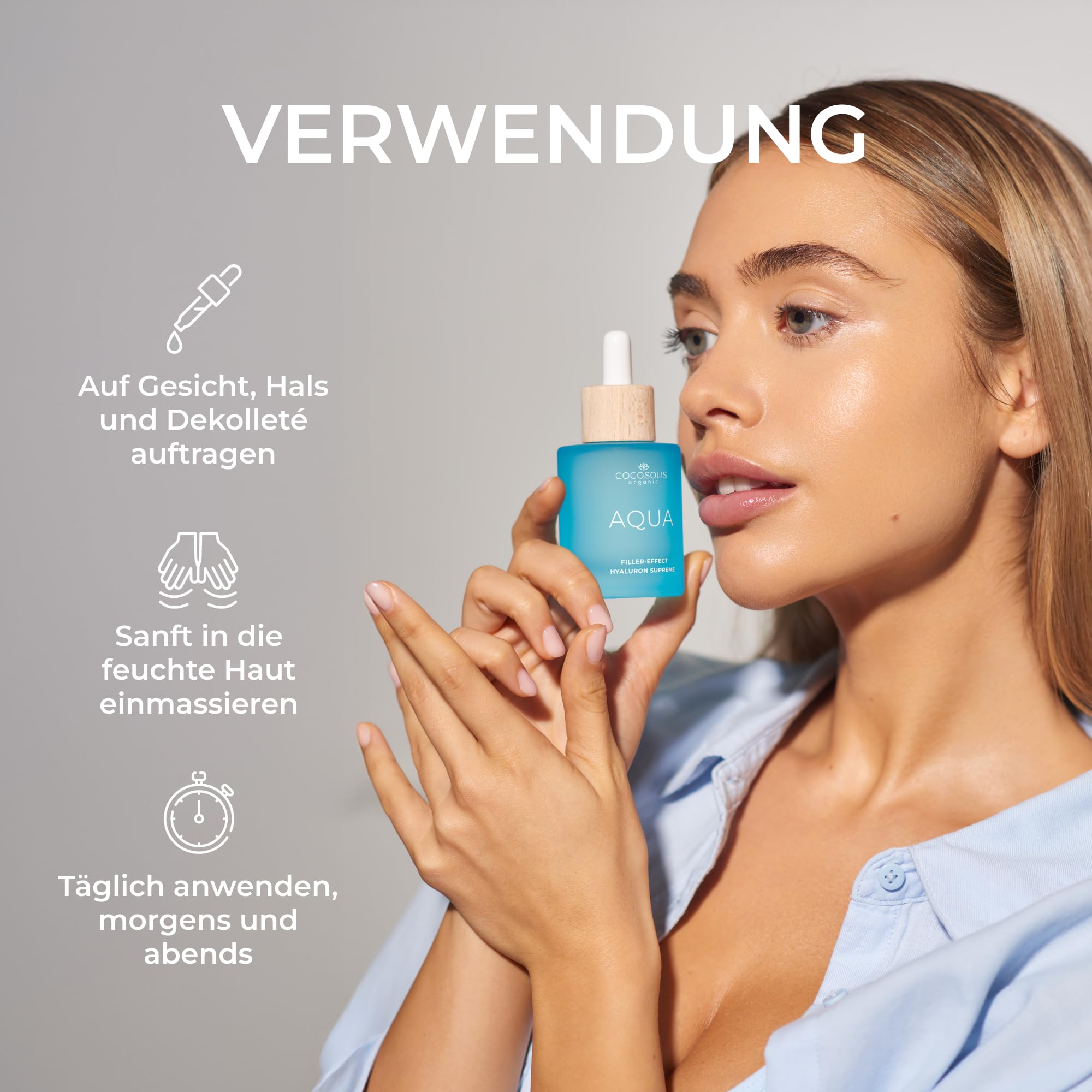 COCOSOLIS AQUA Filler-Effect Hyaluron Supreme Gesichtsserum mit 8 Arten Hyaluronsäure und Aquaxyl™, vegane Anti-Age Tagespflege mit Ultra Hydration