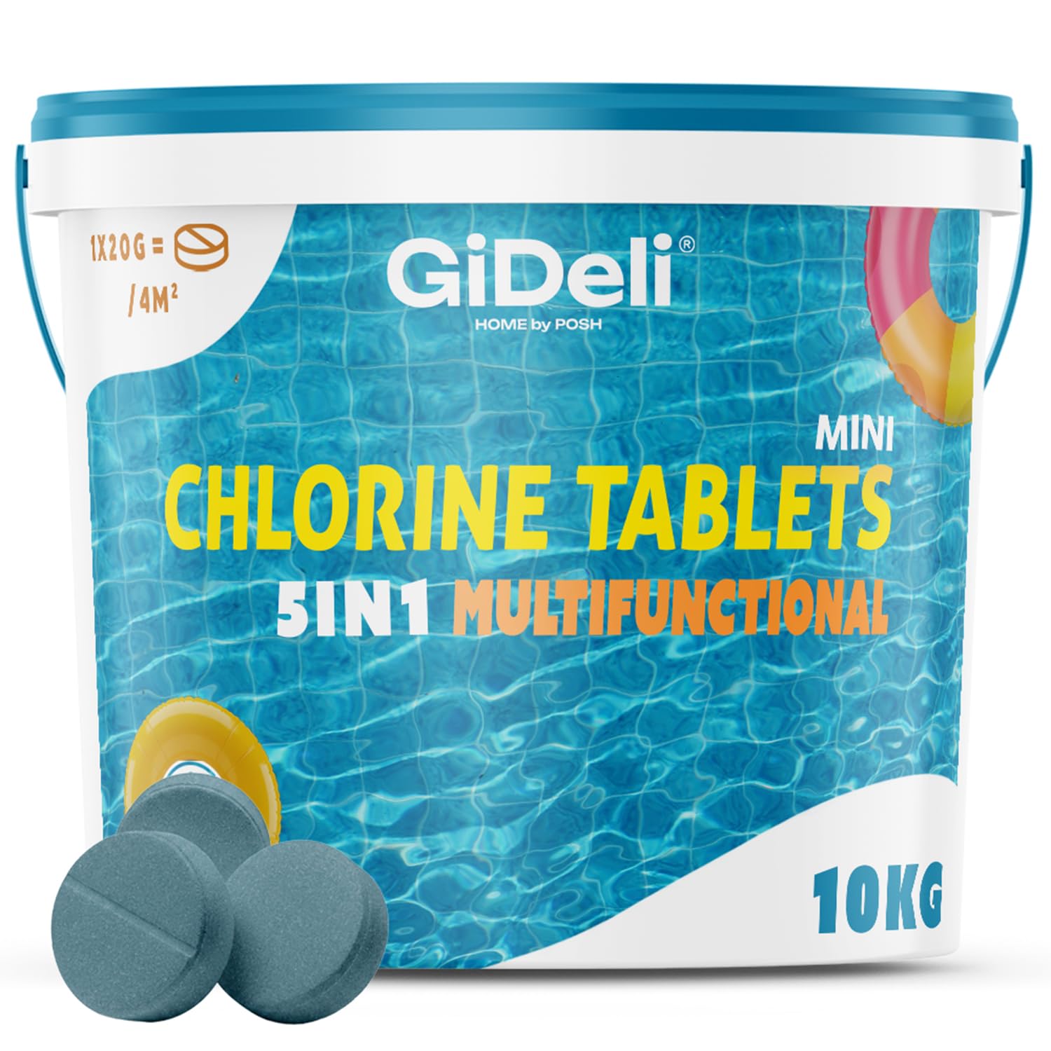 GiDeli Mini Galets de Chlore Piscine Multifonction 10kg - Tablettes Longue Durée 4-en-1 - Anti-Algues, Stabilisé UV, Floculation - Petites Piscines Hors-Sol, Tubulaires et Gonflables