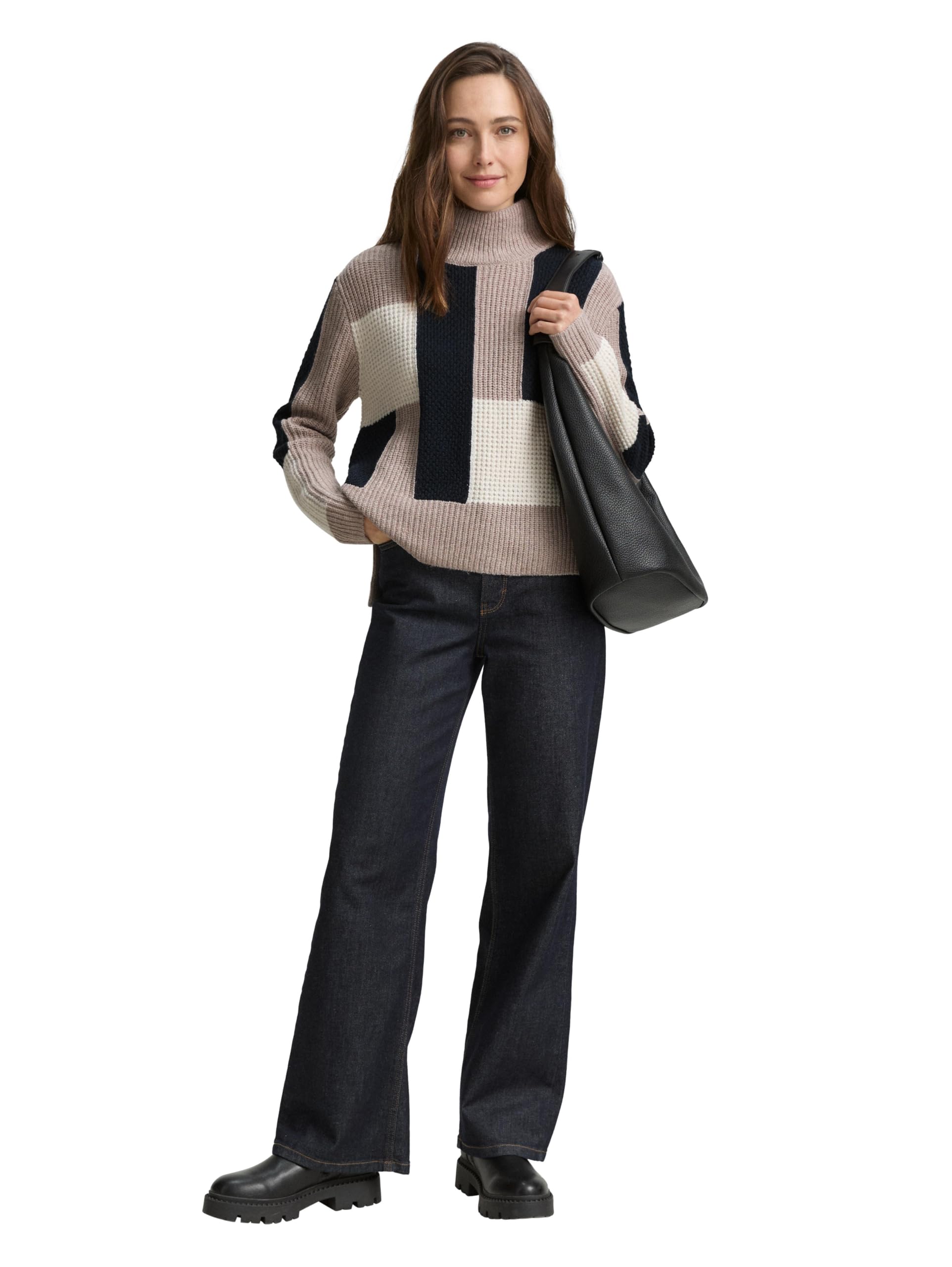 Tom Tailor Damen 1047706 Loose Fit Strickpullover mit Colour Blocking (1er Pack)