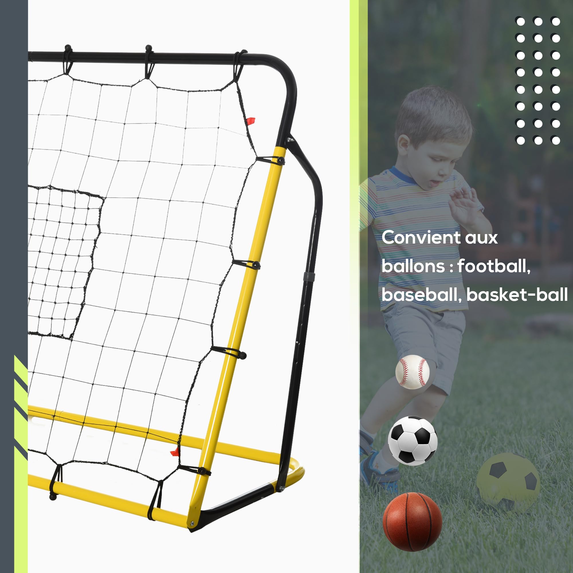 HOMCOM Filet de Rebond de Football, 184L x 123H cm, rebondisseur de Football, 5 Angles réglables de 60° à 90°, pour l'entraînement de Football, de Baseball, de Basket-Ball, Jaune et Noir
