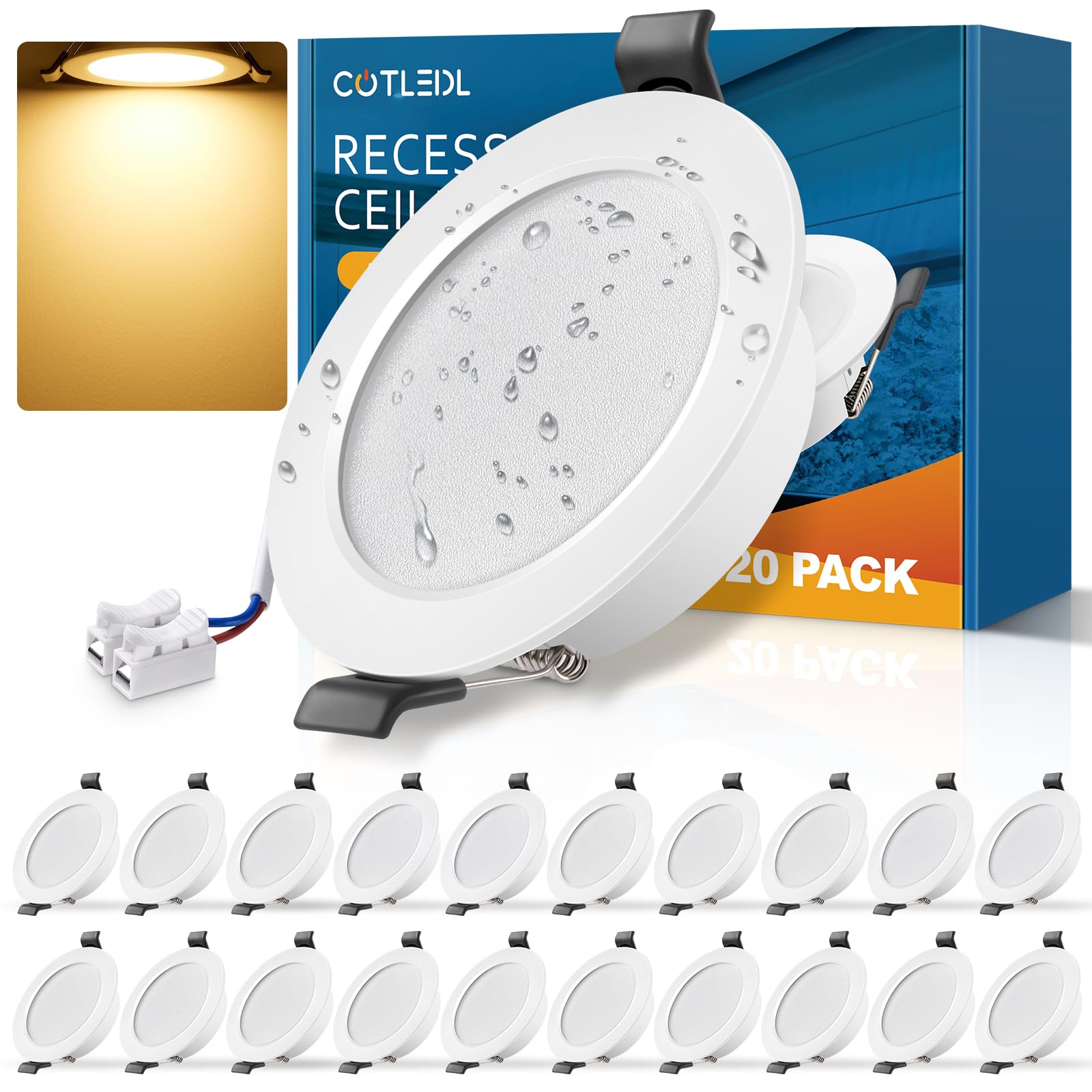 COTLEDL 20er LED Einbaustrahler 230V Flach, 5W Spots IP44 Bad Einbauleuchten Warmweiß 3000K Deckenspots, 450LM Einbaustrahler LED Einbauspot Loch 68-80mm für Badezimmer Wohnzimmer Küche
