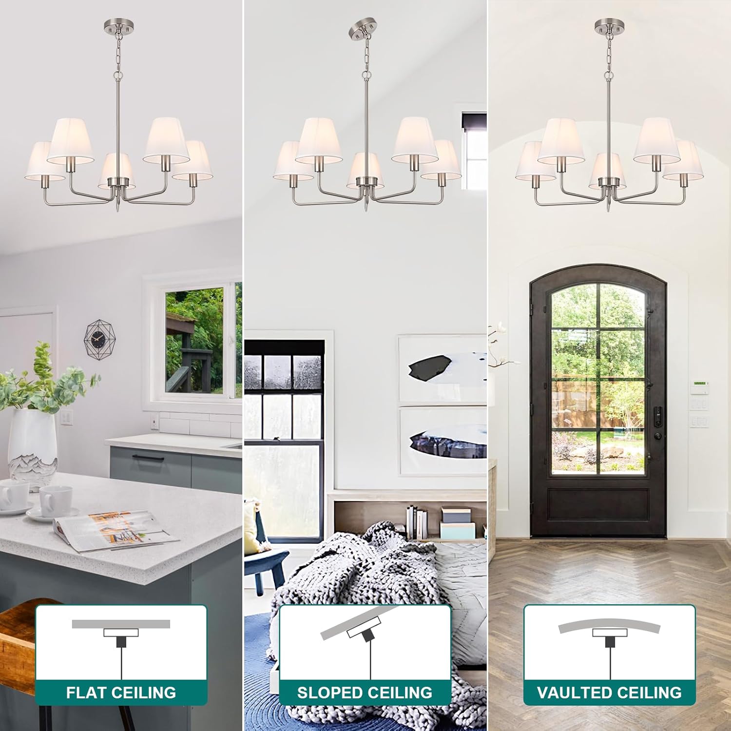 Brushed Nickel Chandeliers for Dining Room,5 Lights Modern Dining Room Light Fixtures Over Table,Height Adjustable Farmhouse Chandelier with White Fabric Shade for Kitchen Island,Living Room