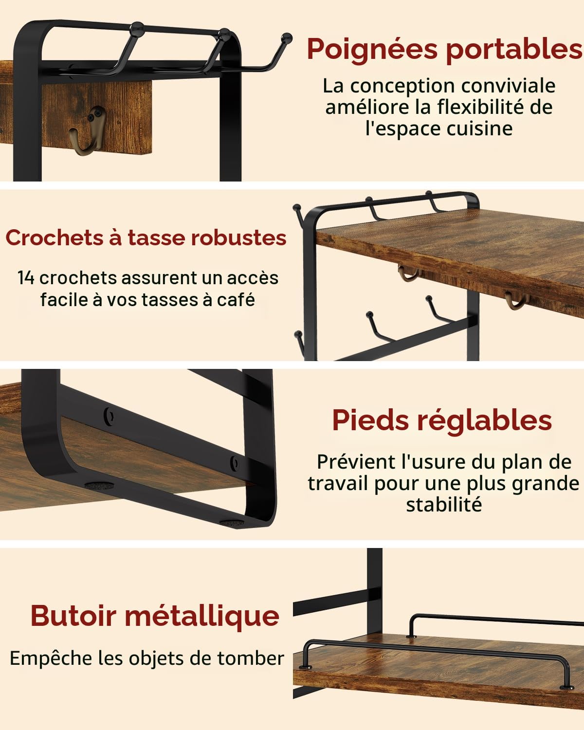 IBUYKE Organisateur De Comptoir De Bar à Café, Portetasse à 2 Niveaux Pour Cuisine, Organisateur Tasse à Café En Bois Avec 18 Crochets, Support Tasse Pour Maison,Cuisine Et Bureau,TBJ006H