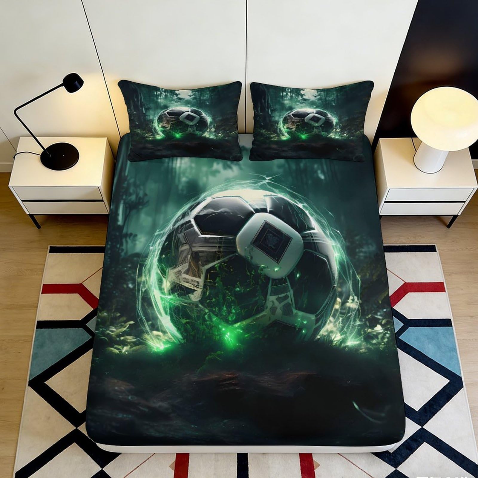 3D Printed Football Stadium Fitted Sheet Microfiber Dark Green Soccer Bed Cover for Bedroom Guest Room Decor 90x200x25cm