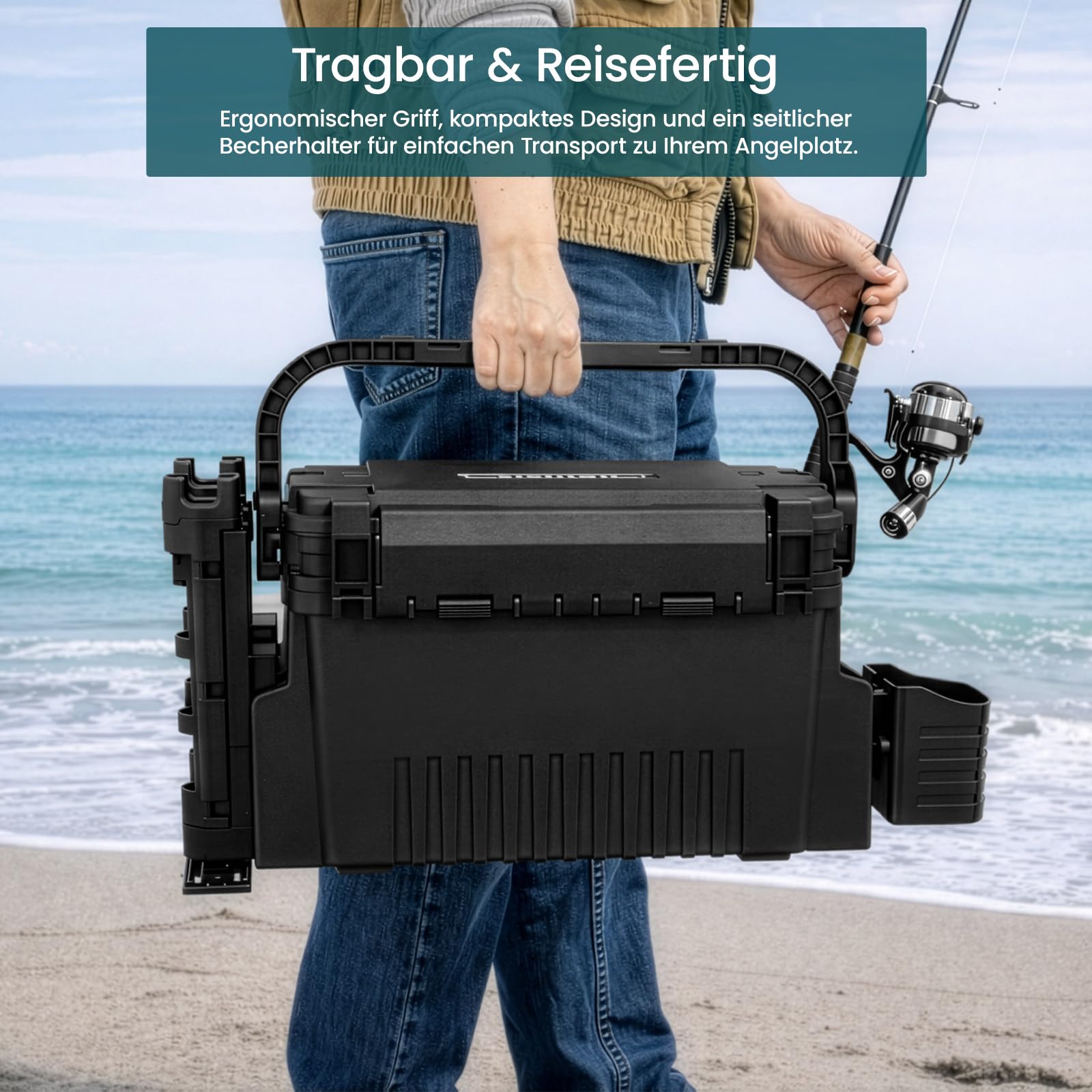 2-stöckig Groß Angelkoffer Tackle Box mit Rutenhalter & Becherhalter, klappbarem Tragegriff, 43×23×28cm Angelbox Angel Zubehör Organizer Angelzubehör Kunstköderbox, Angelboxen, Angelkasten (Black) - 4