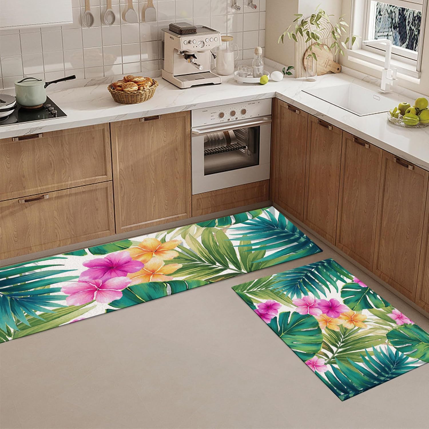 2-Piece Kitchen Rugs,Watercolor Tropical Leaves Non-Slip & Washable Floor Mats, Water-Absorbent Area Pad,Pink Hibiscus Standing Desk Mat For Office, Home, Doorway, 20"X 32"+20"X 71",Sage Green