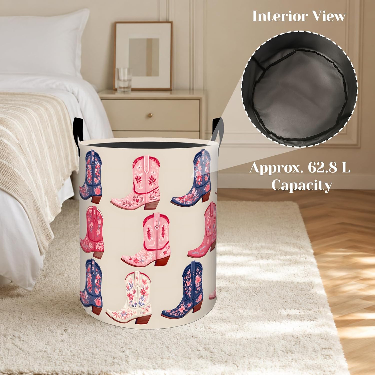 Western Cowboy Boot Laundry Basket, Rustic Cowgirl Dirty Clothes Hamper, Colorful Floral Foldable Waterproof Oxford Cloth Storage Bin, Gifts for Bedroom Bathroom Home Decor, 19.7" x 15.7"