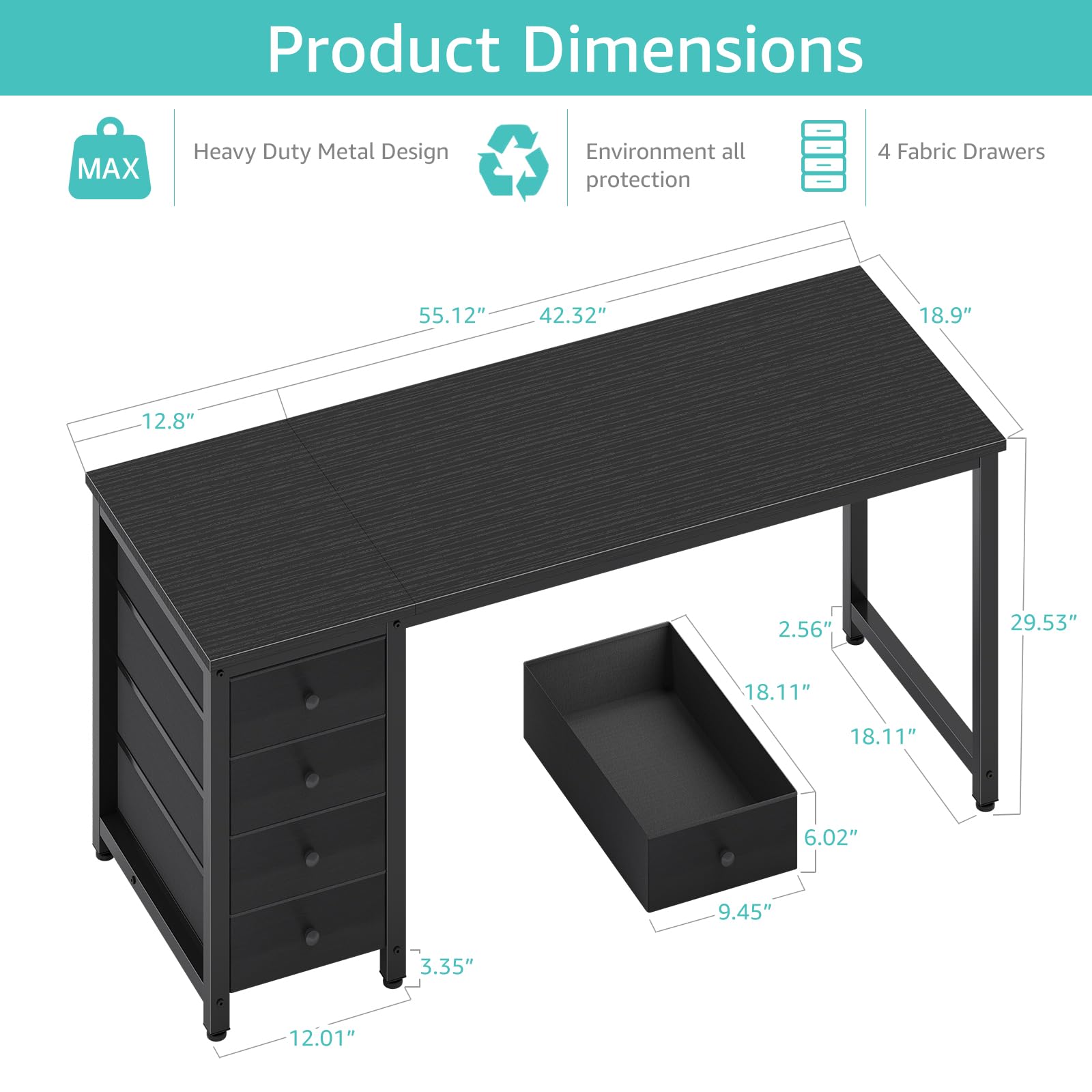 Lufeiya Small Gaming Desk with 4 Fabric Drawers, 40 Inch Kids Girls Teen Cute Study Desk for Bedroom, Reversible Work Computer Writing Table Desks for Small Space Home Office, Black: Black 55.1"