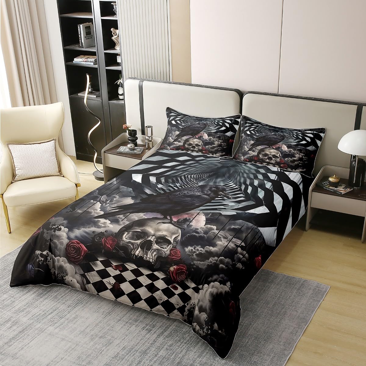 Homewish Halloween Crow 100% bawełniana poszewka na kołdrę podwójna gotycka czaszka zestaw pościeli dla dzieci chłopców dziewcząt dorosłych róża czaszka poszewka na kołdrę szkielet kości zestaw