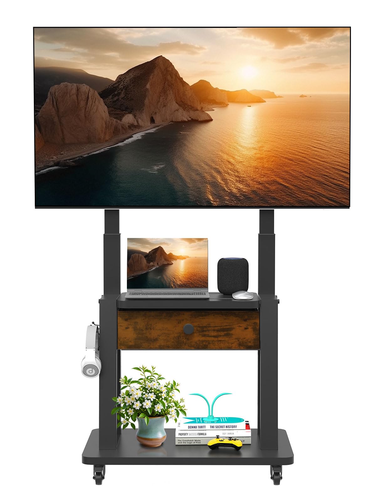 Stojak na telewizor z szufladą z tkaniny, na płaski/zakrzywiony ekran 32-75 cali do 100 kg LCD/LED/OLED, regulowana wysokość, mobilny wózek na telewizor z kółkami, do domu, biura, na zewnątrz, maks