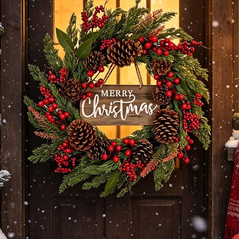 50,8 cm Weihnachtskranz mit roten Beeren und Tannenzapfen für Haustür drinnen und draußen Urlaub Party Dekor