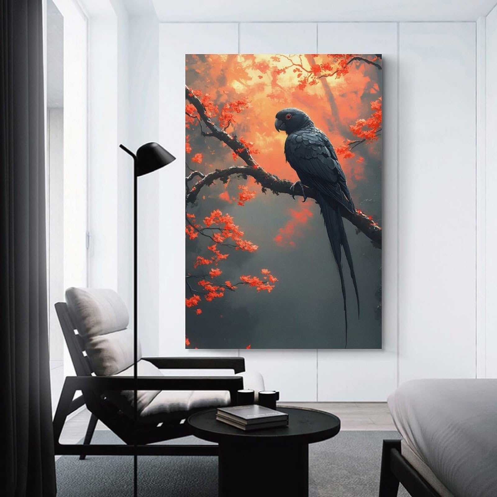 Junmoney Black Parrot on Cherry Blossom Branch Hanging Wall Art, 12x18inch(30x45cm), for New Homes, Bedrooms Or Workspaces, Thoughtful Wall Decor for Art Lovers