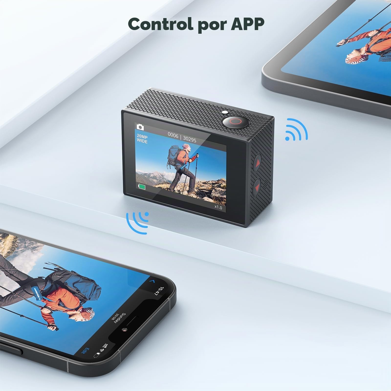 AKASO EK7000 - Cámara de acción 4 K, WiFi, Impermeable, 30 m, con Tarjeta de 64 GB, cámara subacuática WiFi de 20 MP, micrófono Externo, Mando a Distancia, 2 baterías de 1050 mAh, Accesorios para | Con EIS, funda impermeable hasta 30 m, mando a distancia,