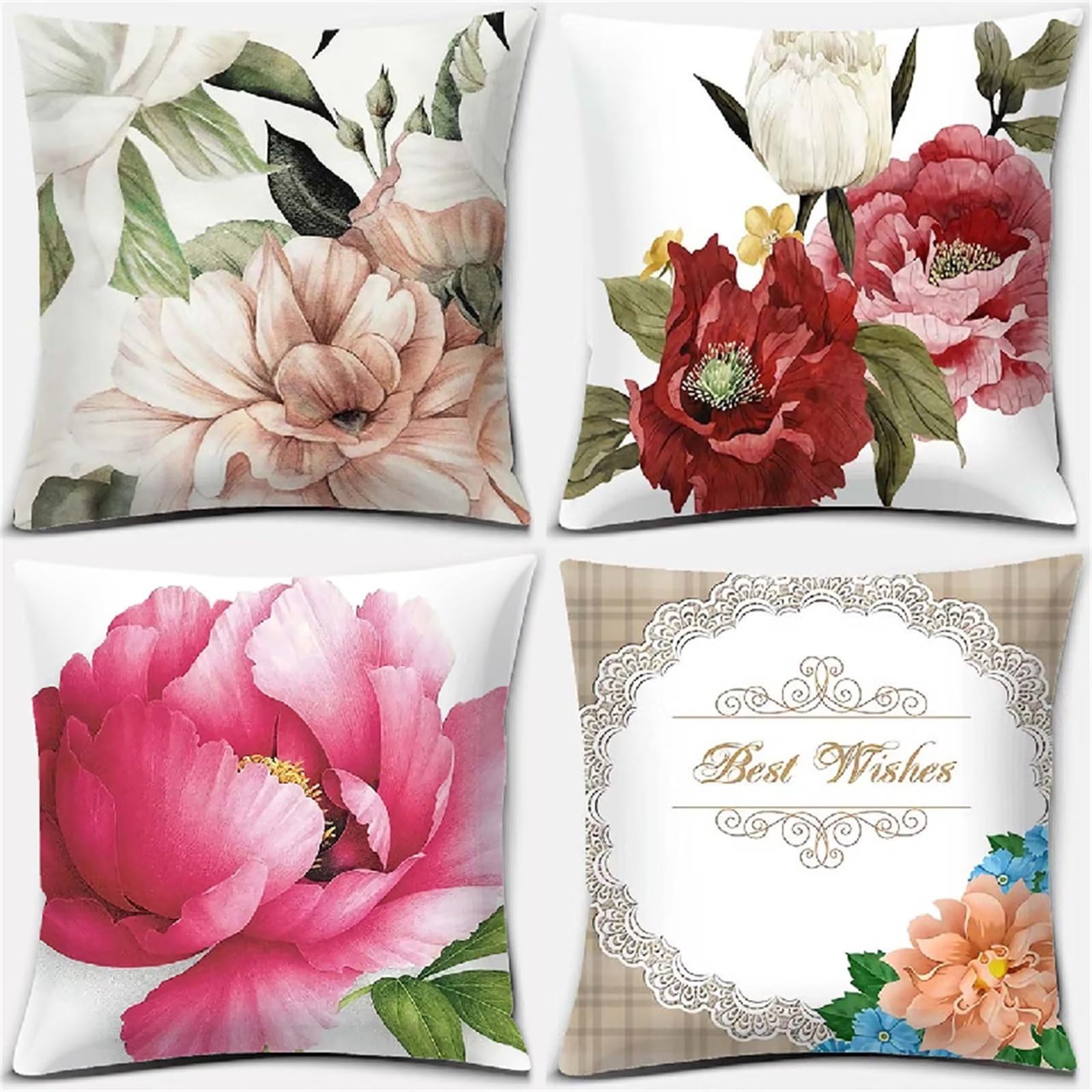 Rot Kissenbezug Set mit 4 60x60cm Sofakissen Wasserdichter Outdoor Kissen Quadratisch Dekokissen Doppelseitig Blume HD Druck Weich Kissenhülle für Deko Wohnzimmer Bett Auto Couchkissen JF-7448