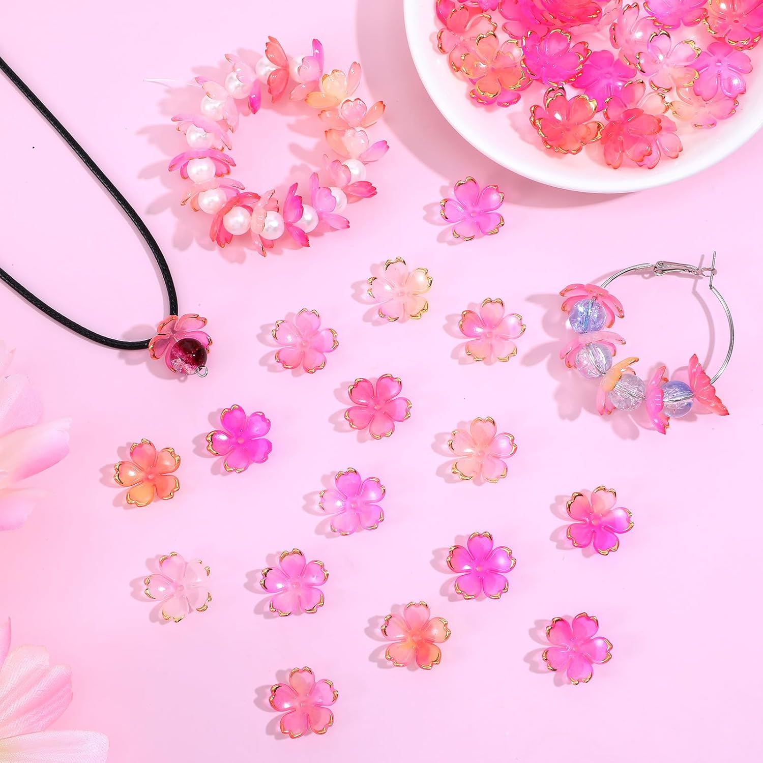 100 Pcs Cherry Blossom Beads, 5-Petal Acrylic Spacer Flower Beads for Jewelry Making, Mini Golden Edge Floral Shaped Bead for Making DIY Craft, Charms, Bracelets, Necklaces, Earrings (Pink Gradient)​ - Image 2