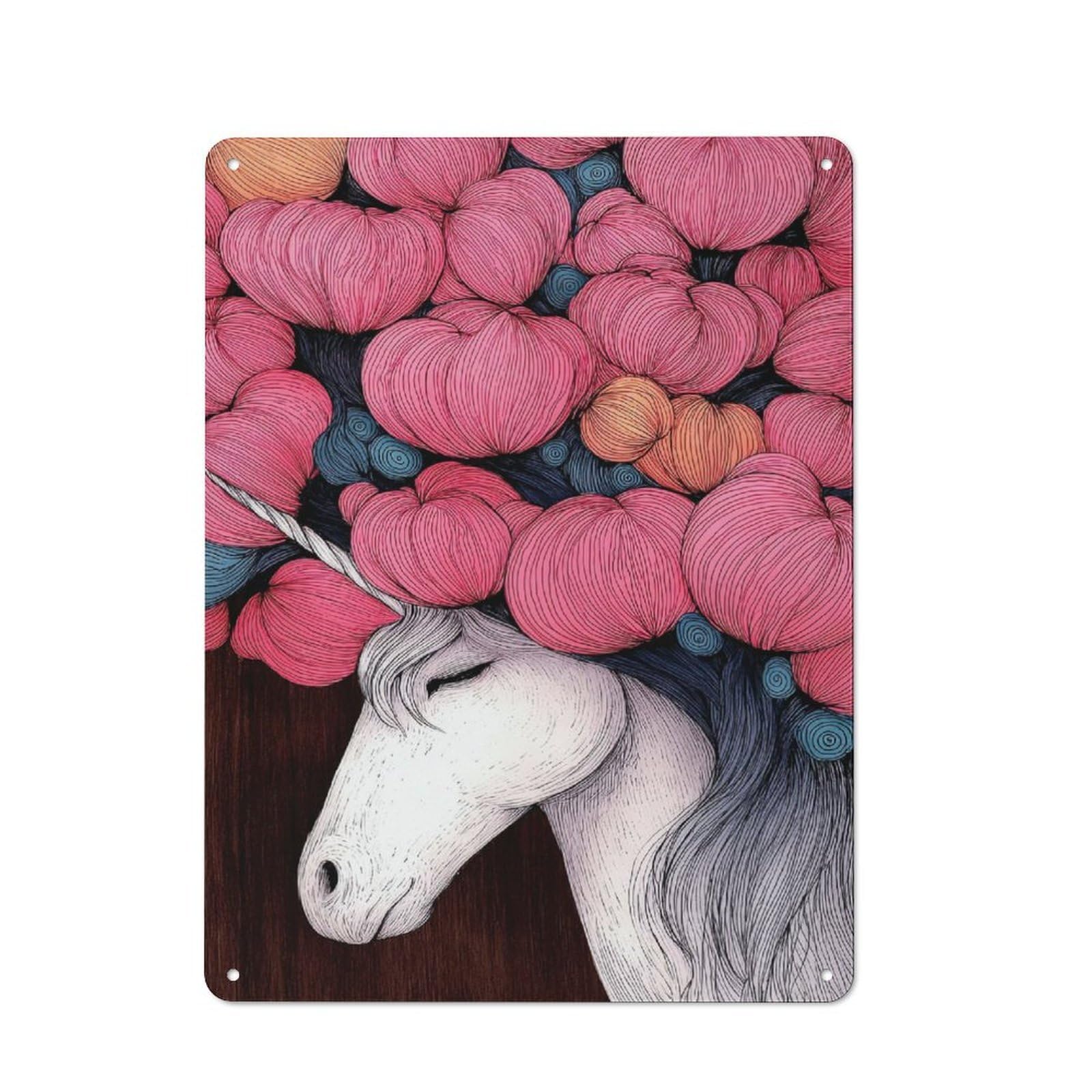 Junmoney Style-13 Tin Wall Plaque 40X30cm With Floral Unicorn Illustration For Hobby Room Or Studio, For Themed Interiors In Hobby Rooms And Studios