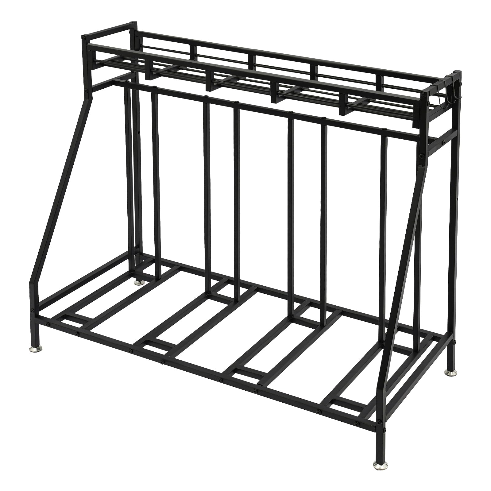 Fahrradständer Boden für 4 Fahrräder, mit Aufbewahrungskorb und 4 Haken, stabiler Metallrahmen, rostfrei und langlebig, platzsparendes Design, 100 kg Tragkraft, für Garage, Keller und Garten