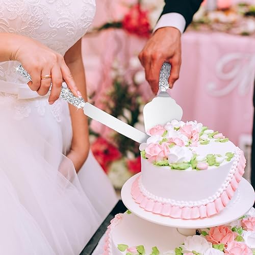 Miniatura 6 de Sratte Juego de 4 cuchillos para pastel de boda y copas de champán, copas de champán con diamantes de imitación de cristal, vasos, cuchillo para