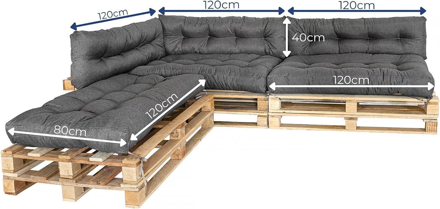MKS Coussin Palette Lot de 6 (3 x 120x80 cm + 3 x 120x40 cm) | Coussin pour Palette Exterieur Impermeable avec Sangles | Matelas Palette Confortable pour canapé Balcon Jardin