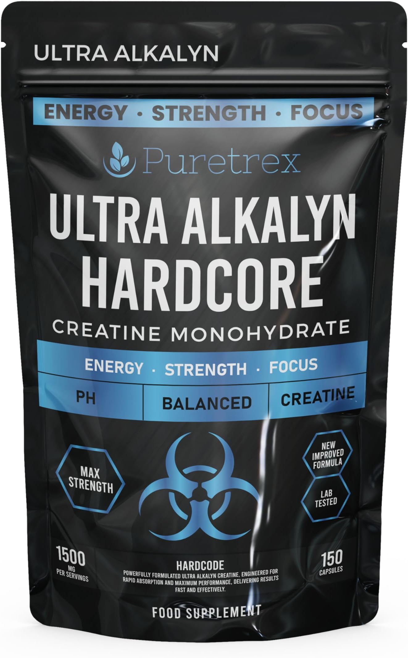 Ultra Alkalyn Hardcore Creatine Monohydrate, 150 Capsules, Max Strength, Balanced pH, Energy, Strength, Focus KRE