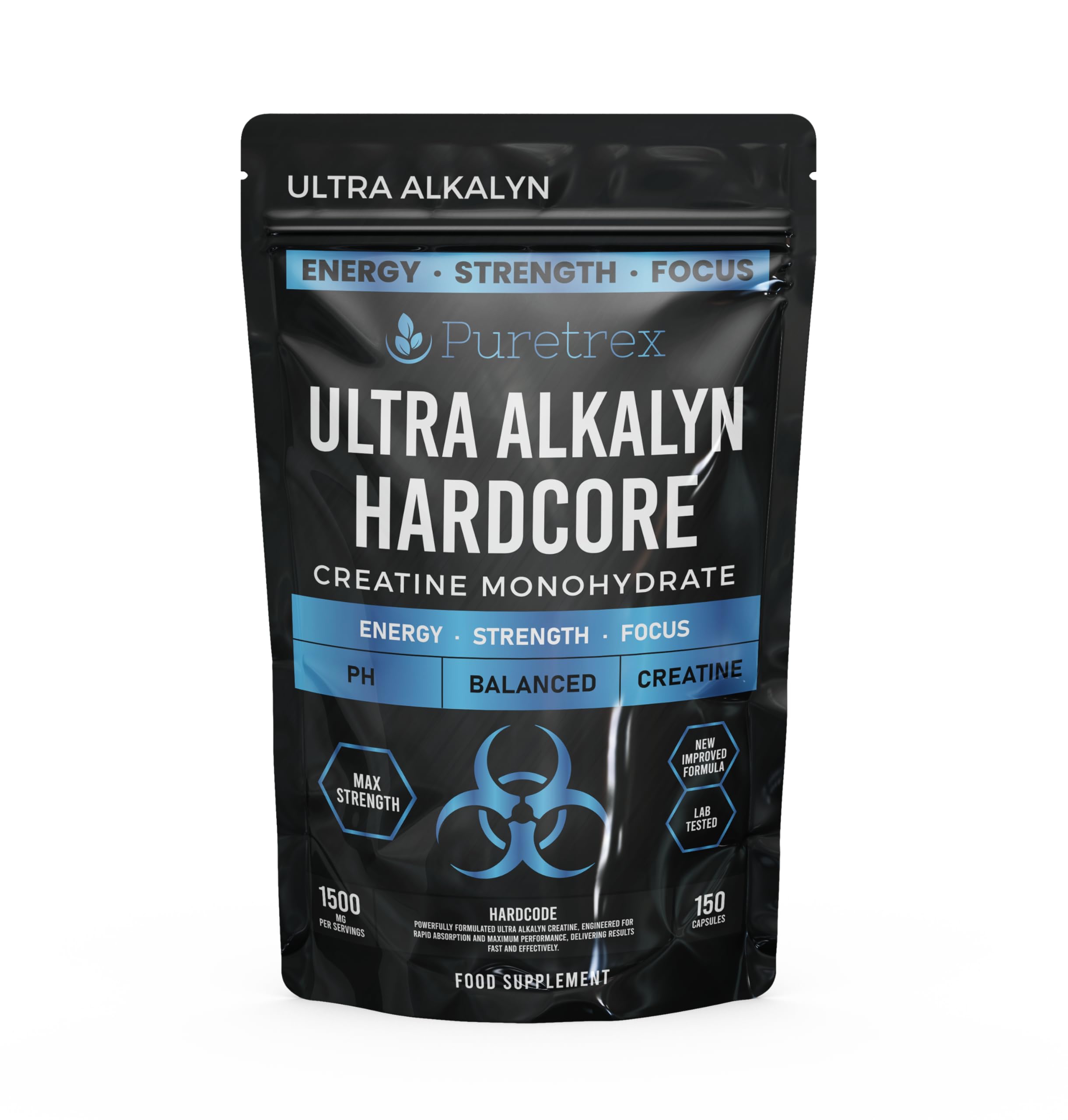 Ultra Alkalyn Hardcore Creatine Monohydrate, 150 Capsules, Max Strength, Balanced pH, Energy, Strength, Focus KRE