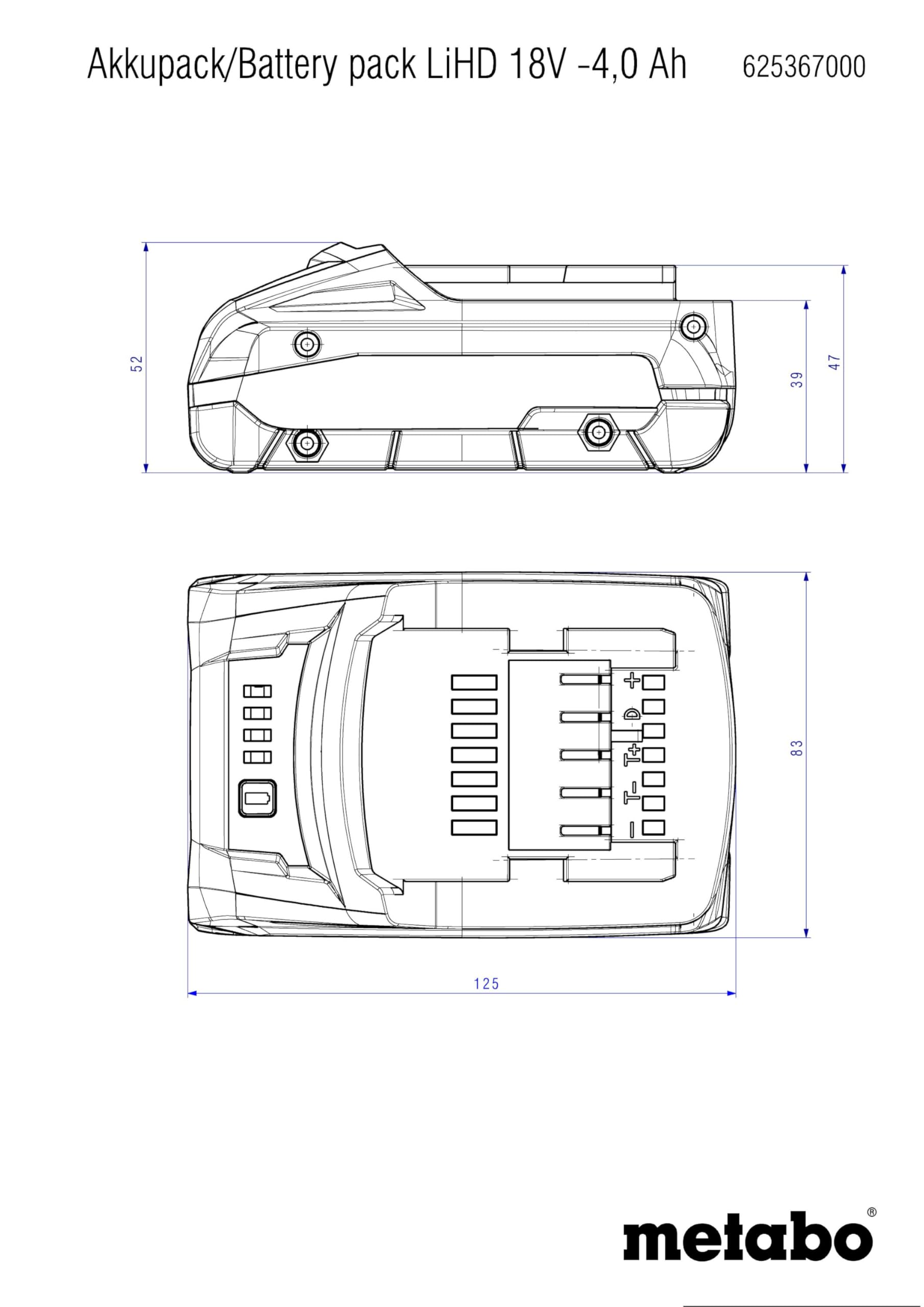 metabo LiHD Akkupack - 18 V / 4.0 Ah - Hochleistungs-Batterie für Lange Laufzeiten, intelligente Akkuverwaltung, AIR Cooled Ladetechnologie - Akku für anspruchsvolle Anwendungen