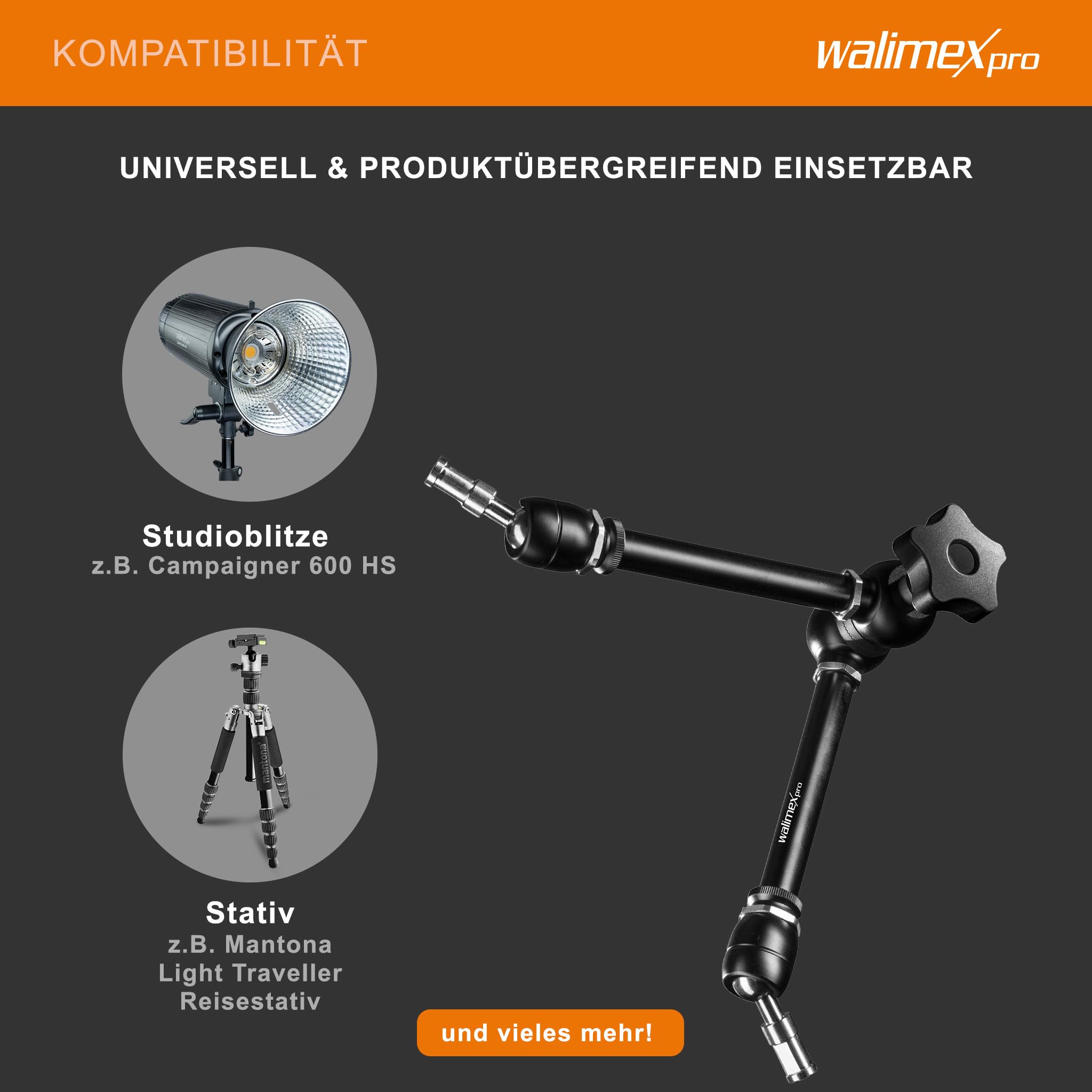 Walimex pro Gelenkarm XL SP – 530 x 80 x 80 mm – Stabiler Friktionsarm mit 5kg Belastbarkeit und 53cm Länge – für DSLRs, Videokameras, Beleuchtung- mit 5/8" Spigotanschlüssen und zentraler Rasterung