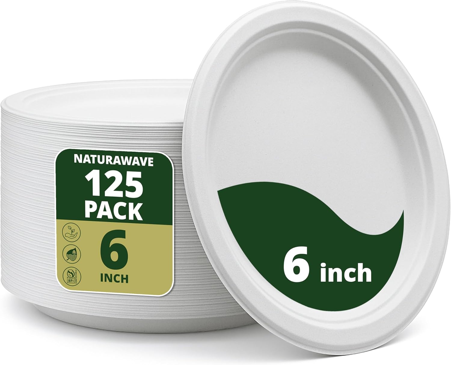 100% Compostable Paper Plates, Heavy Duty Disposable Plates [125-Pack] 6 Inch Plates - Eco-Friendly, Biodegradable Sugarcane Bagasse, White 6" Dinner Paper Plate -BPI Certified