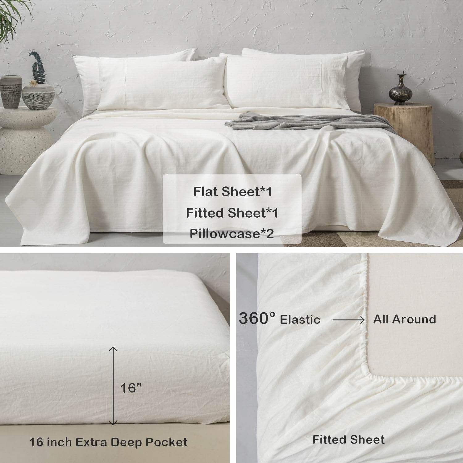 meadow park 100% Washed French Linen Sheet Set-California King Size-Ivory Linen-4 Pieces (1 Flat Sheet, 1 Fitted Sheet & 2 Pillowcases), 16" Deep Pocket, Breathable,Ultra Soft and Durable
