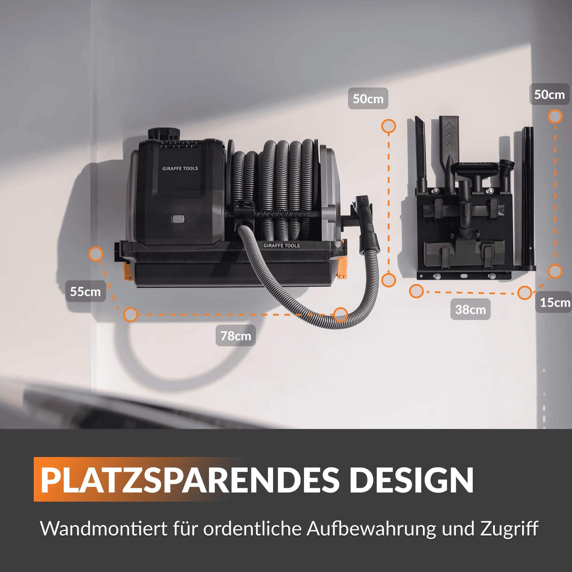 Giraffe Tools Grandstorm Einziehbarer Staubsauger mit 10 m langem, knickfestem Schlauch, wandmontierter Staubsauger mit 6 Düsen für die Garagenreinigung, Fernbedienung, Schwarz