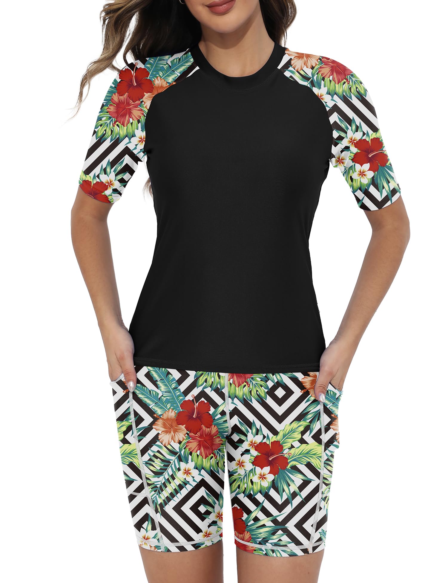 Tournesol Women's Two Piece Rash Guard Short Sleeve UPF 50+ Swim Shirts