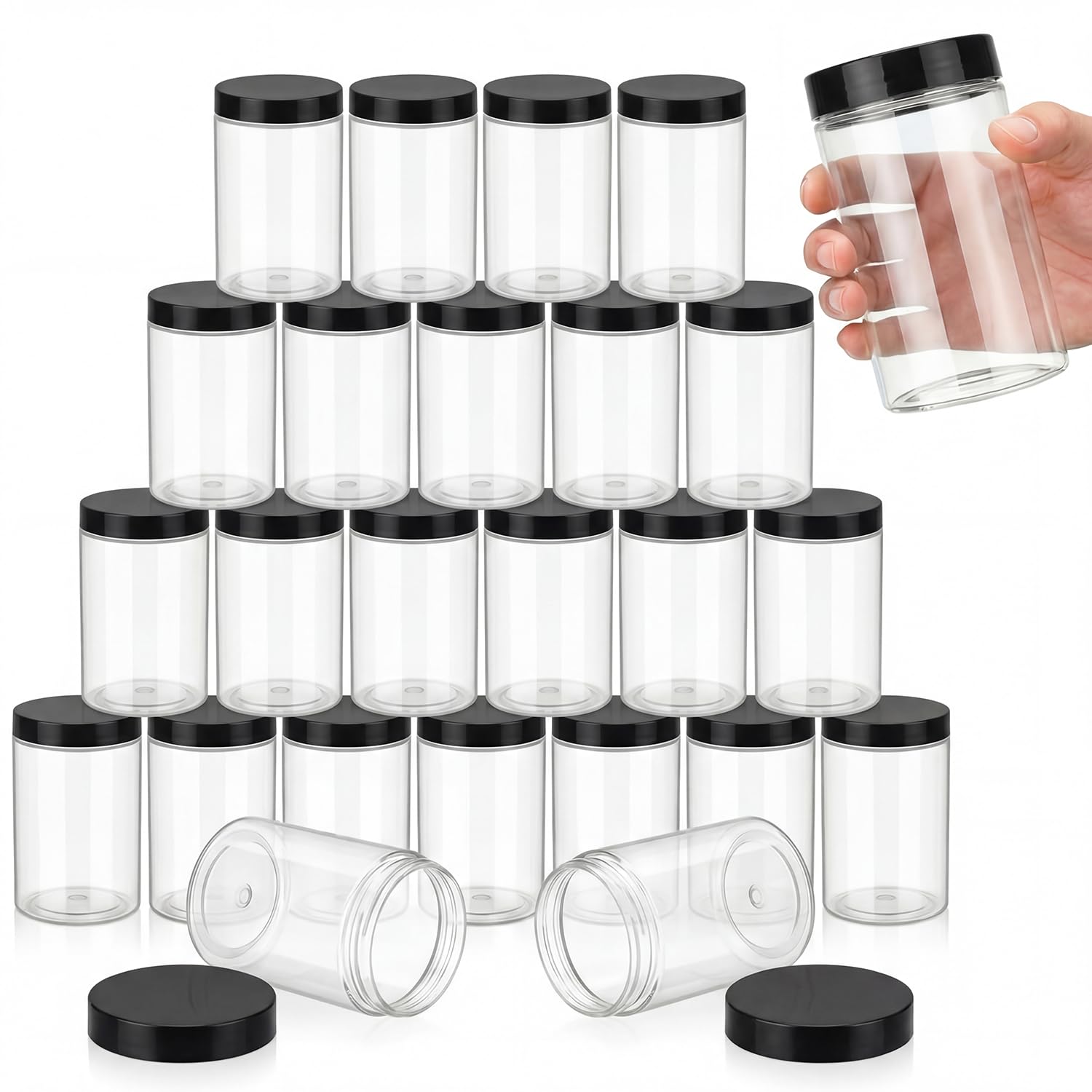 SATINIOR 24 Pieces Clear Plastic Jars with Lids, Black Lid, 12 oz