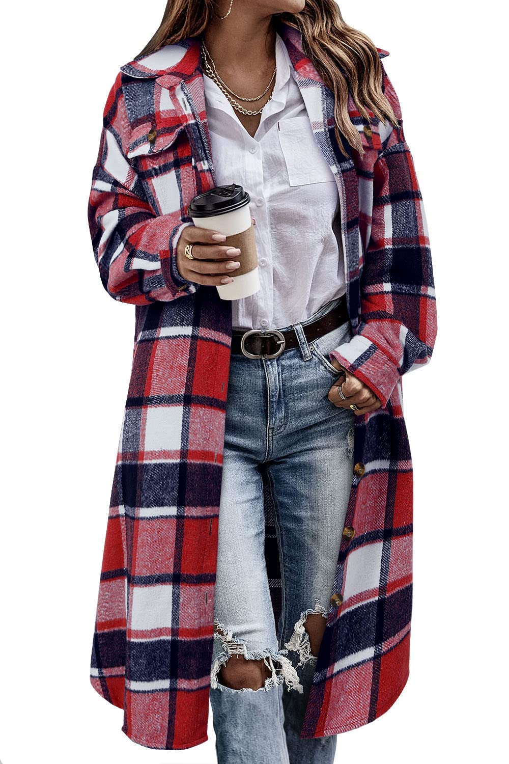 onlypuff Womens Plaid Long Shacket Flannel Jacket Casual Lapel Button Down Tartan Trench Coats