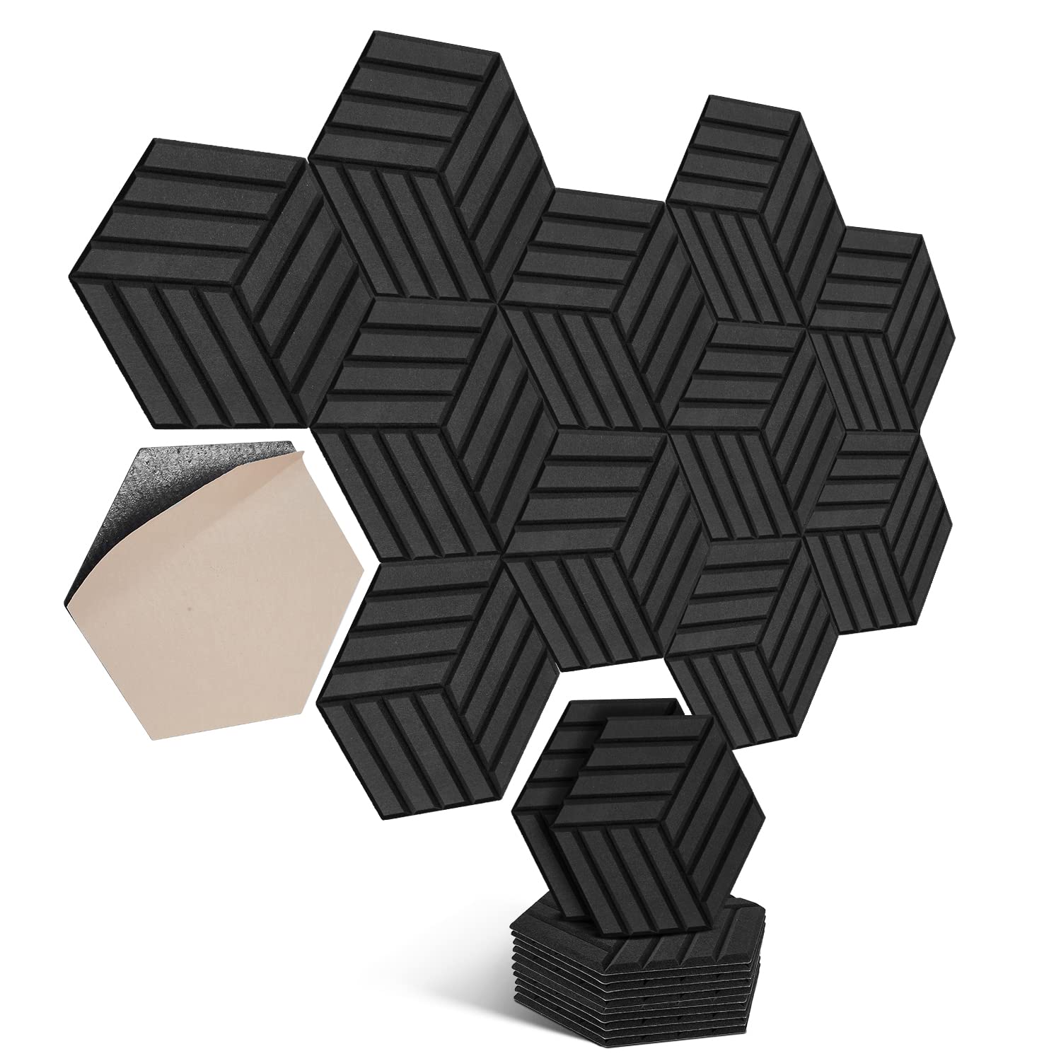 Hexagon, pannelli acustici autoadesivi, 12 pezzi, assorbitori acustici, ad alta densità, per pareti, soffitti, legno e porte, pannelli acustici, 30 x 26 x 0,9 cm, strisce nere