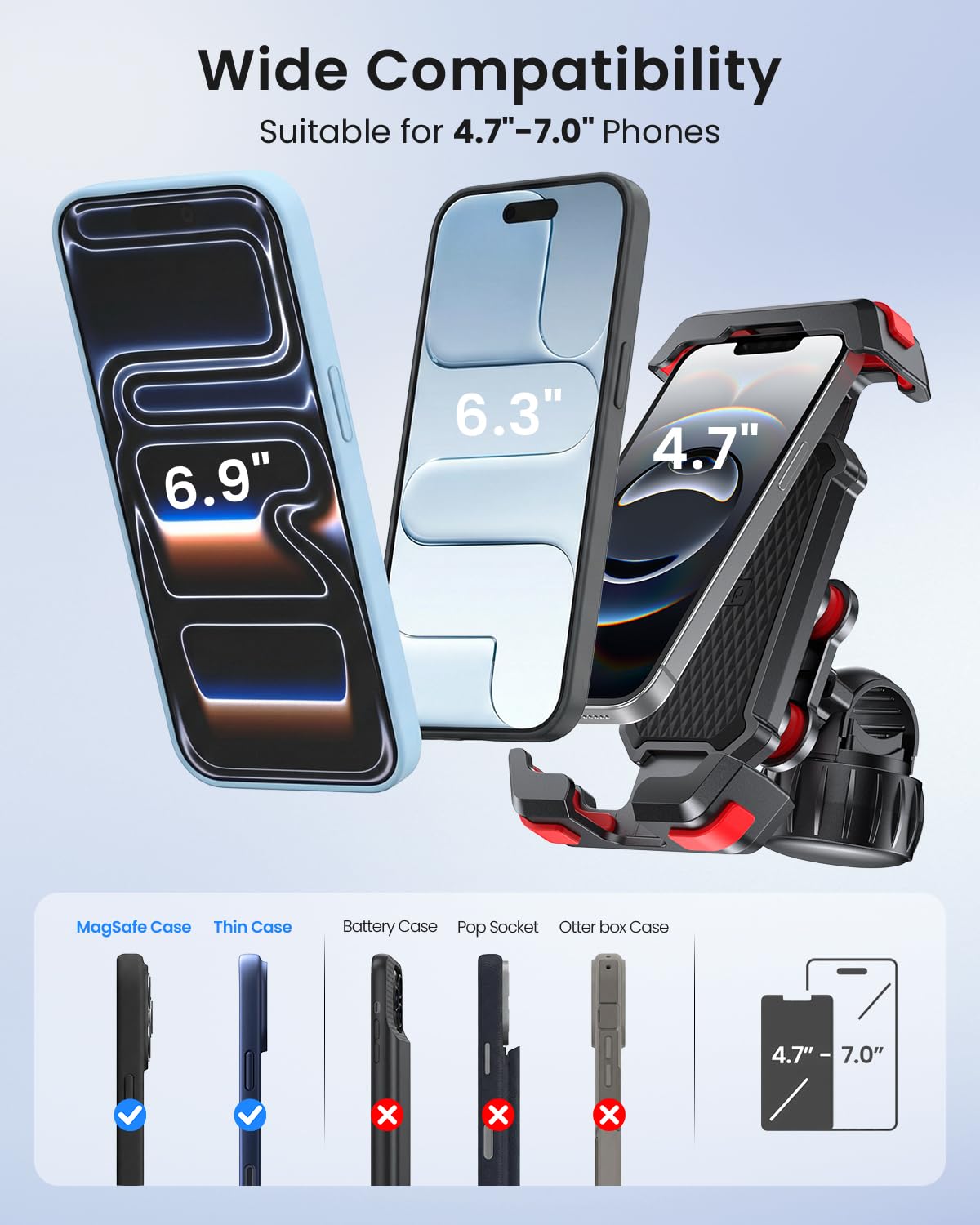 LOXP Support de téléphone anti-secousses pour moto – Double amortisseur de vibrations 2026, support de téléphone universel pour iPhone 17/16/15/14/13 et Android 4,7-7", support de guidon pour vélo