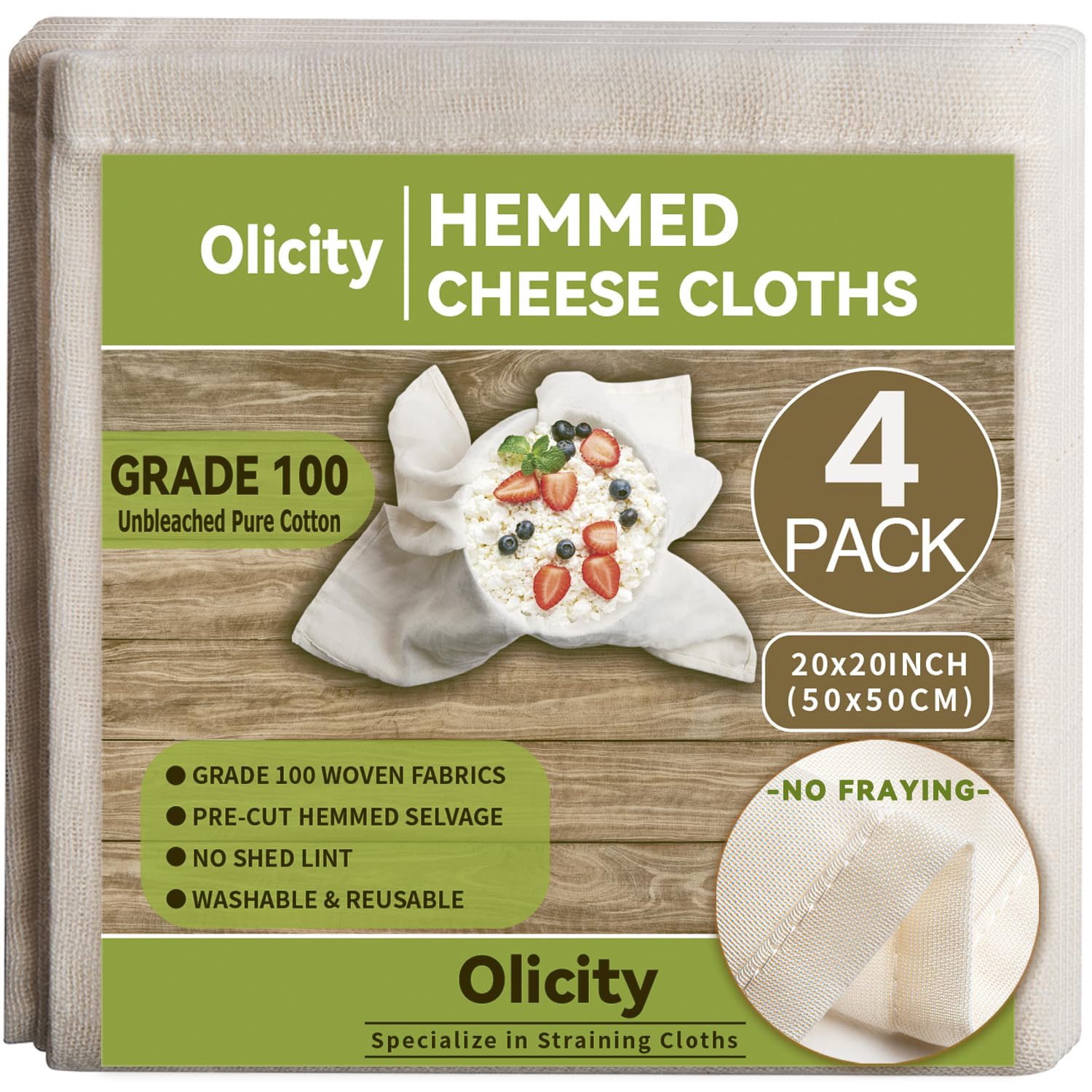 Olicity Cheese Cloths, 4Pack, 20x20Inch Hemmed Cheese Cloth Fabric Reusable