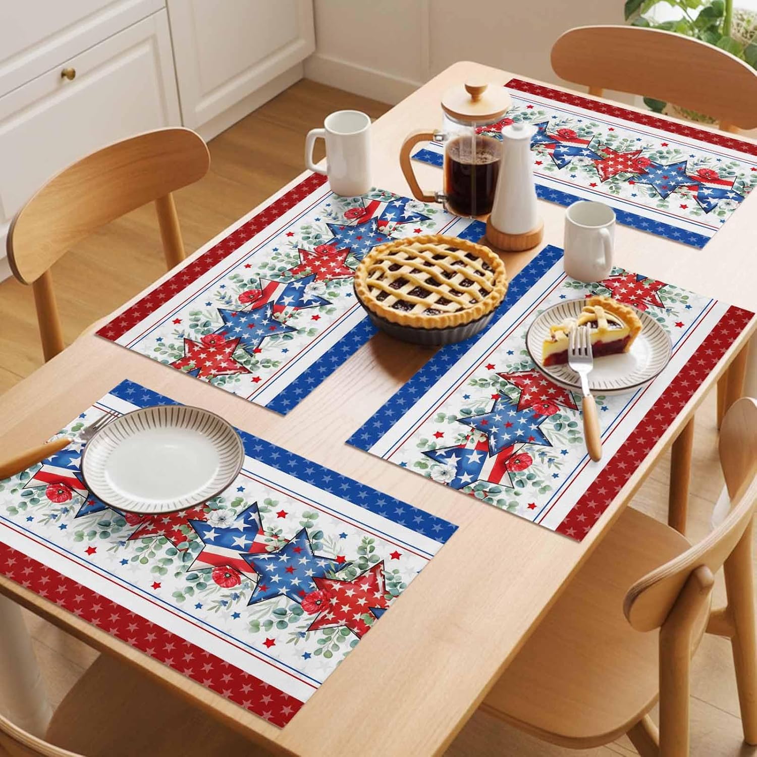 Independence Day Placemats Set of 6, Eucalyptus Leaves Poppy Flower American Flag 4th of July Star Blue Red Stripes Heat Resistant Burlap Place Mats for Dining Table Kitchen Party Holiday 13''x19''