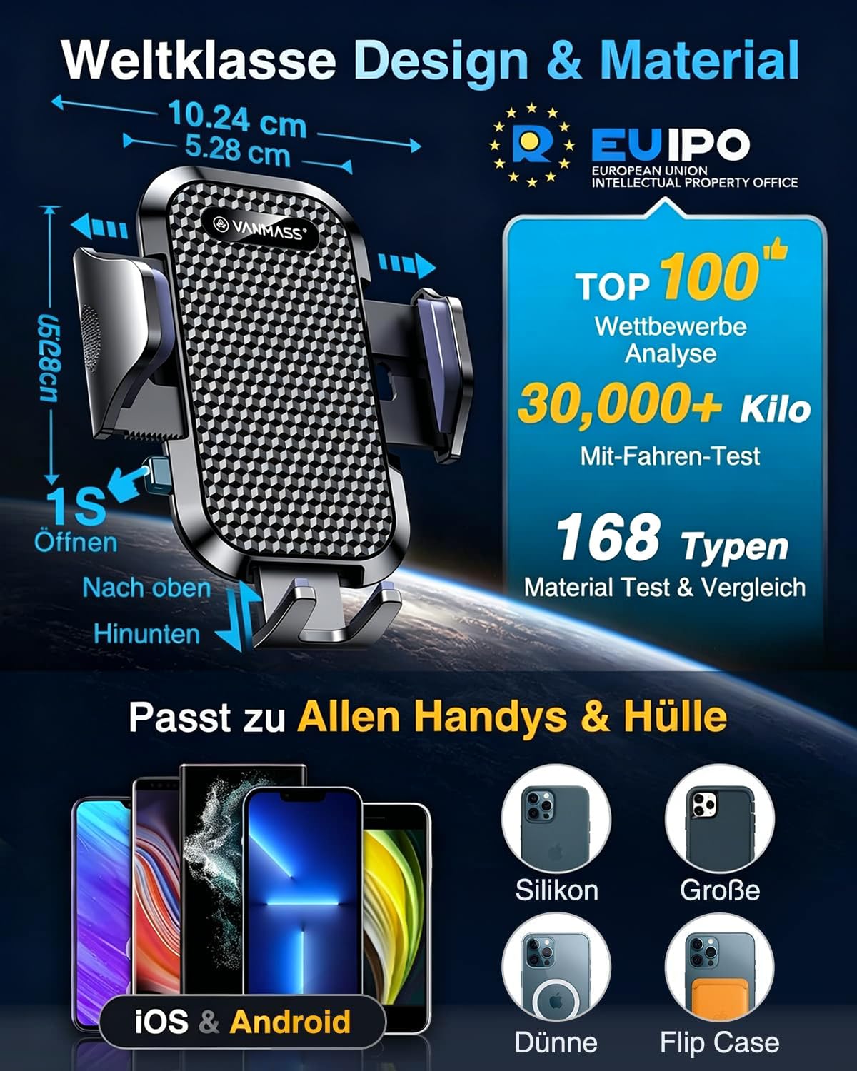 VANMASS 2026 Militärische Handyhalterung Auto Upgrade【Stärkste Saugnapf & Lüftungshaken 】4 in 1 Smartphone Auto Handyhalter 360°drehbar Autohalter auf Armaturenbrett Scheibe für iPhone Samsung,Schwarz