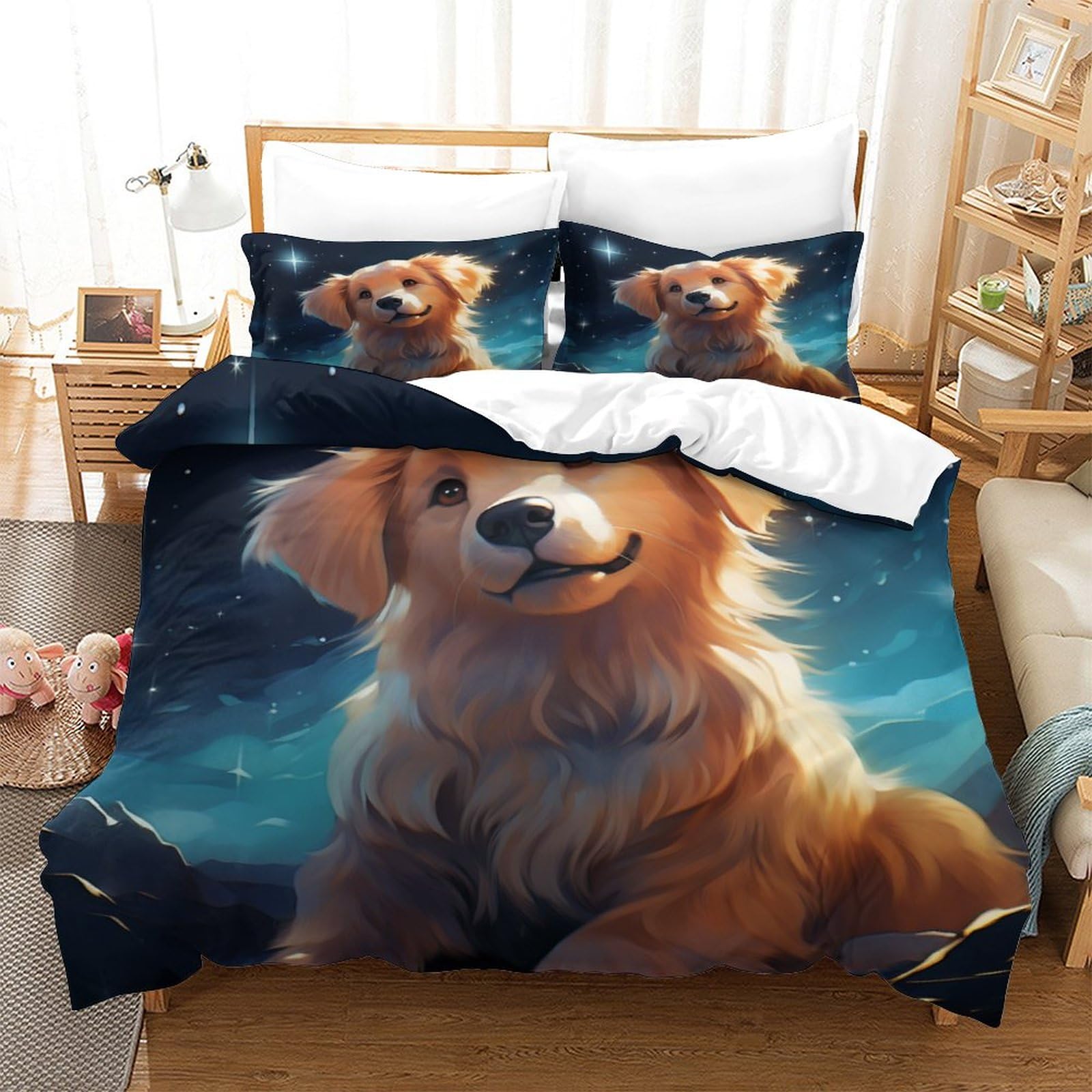 Housse De Couette 3 Pièces Chien Géométrique – Microfibre Douce, Imprimé 3D, Taies D’oreiller Incluses