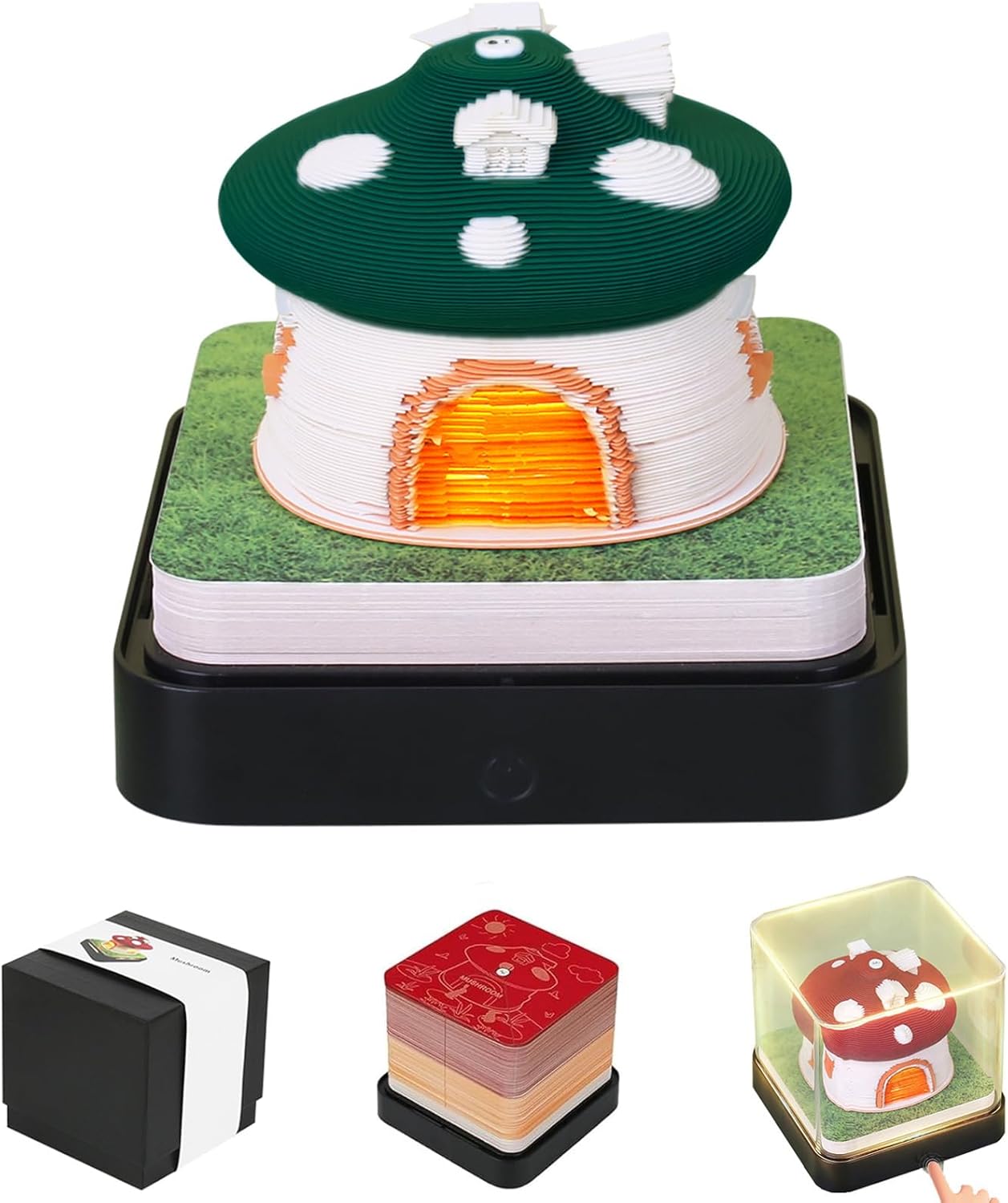 SIWEME 3D Art Calendar Memo Pad 2026, 3D Paper Art Time Piece Calendar Notepad, Creative Mushroom House Desk Calendar With Lights, DIY Paper Sculpture Gift for School Home Office（Green