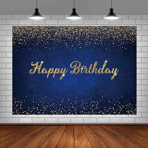 Miniatura 7 de Telón de fondo de cumpleaños azul oscuro de 7 x 5 pies, telón de fondo de cumpleaños azul marino y dorado, fondo de fotografía azul oscuro con