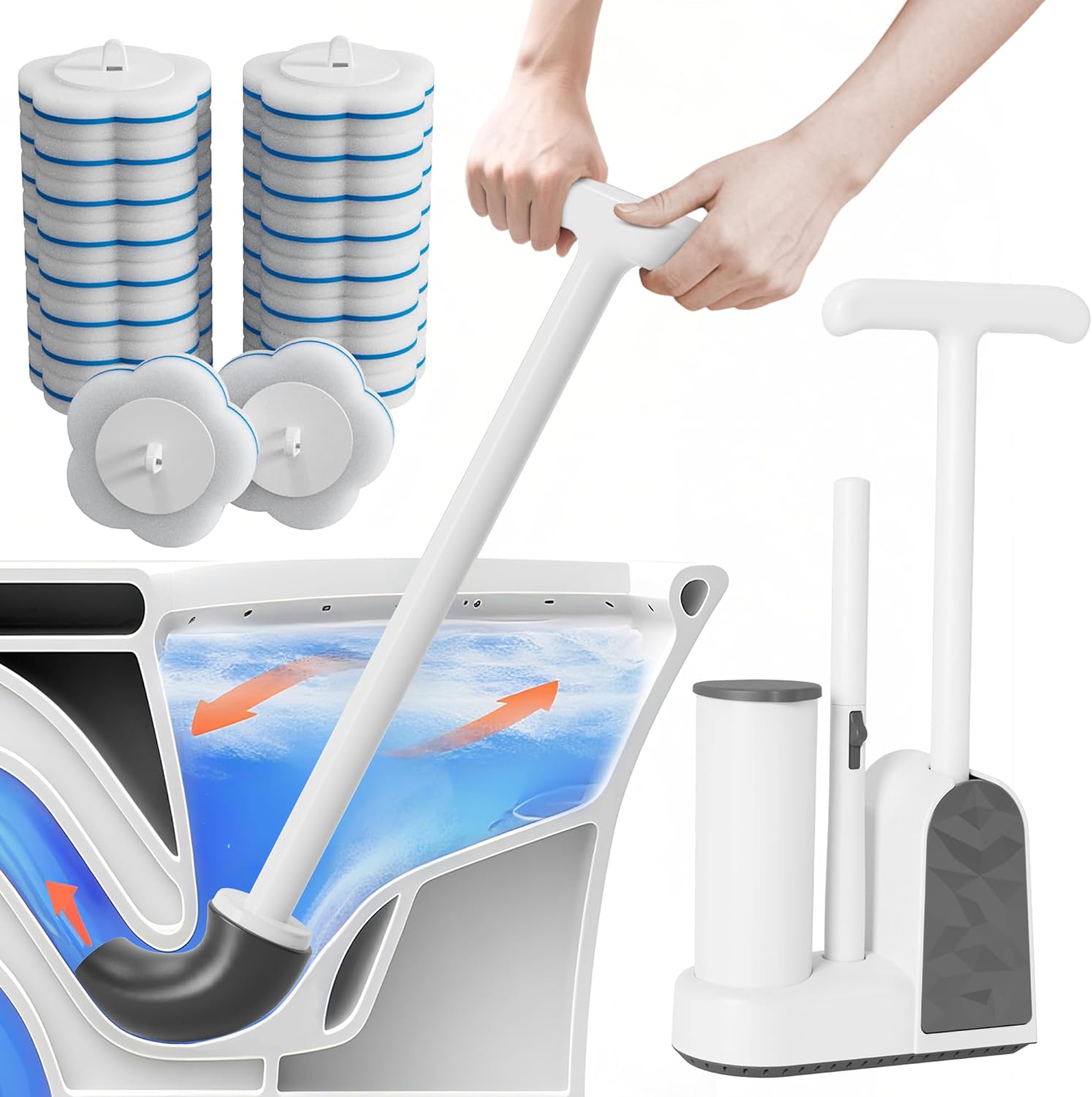 Disposable Toilet Brush and Plunger Set, Dual Handdle Toilet Plunger, All-in-1 Bathroom Cleaning Kit with 18PCS Refills, Toilet Cleaning Stick and Ventilated Holder (White)