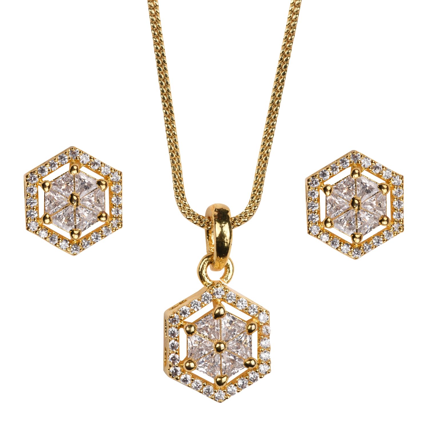 XPNSV Jewelry Luxury AD Pendant Gift Set for Women, Girls & Her | Gift Pendant with 2 Earrings, Option in 6 Different Color & Design (Hexagon, Gold) (B0D2H3Q32L) Amazon Price History, Amazon Price Tracker