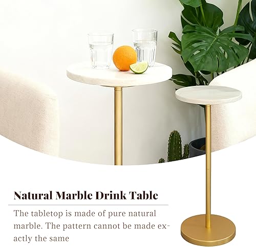 Miniatura 5 de Mesa de bebida de mármol natural, mesa de pedestal, mesa auxiliar redonda pequeña, mesa de Martini para sala de estar, baño, espacio pequeño (blanco)