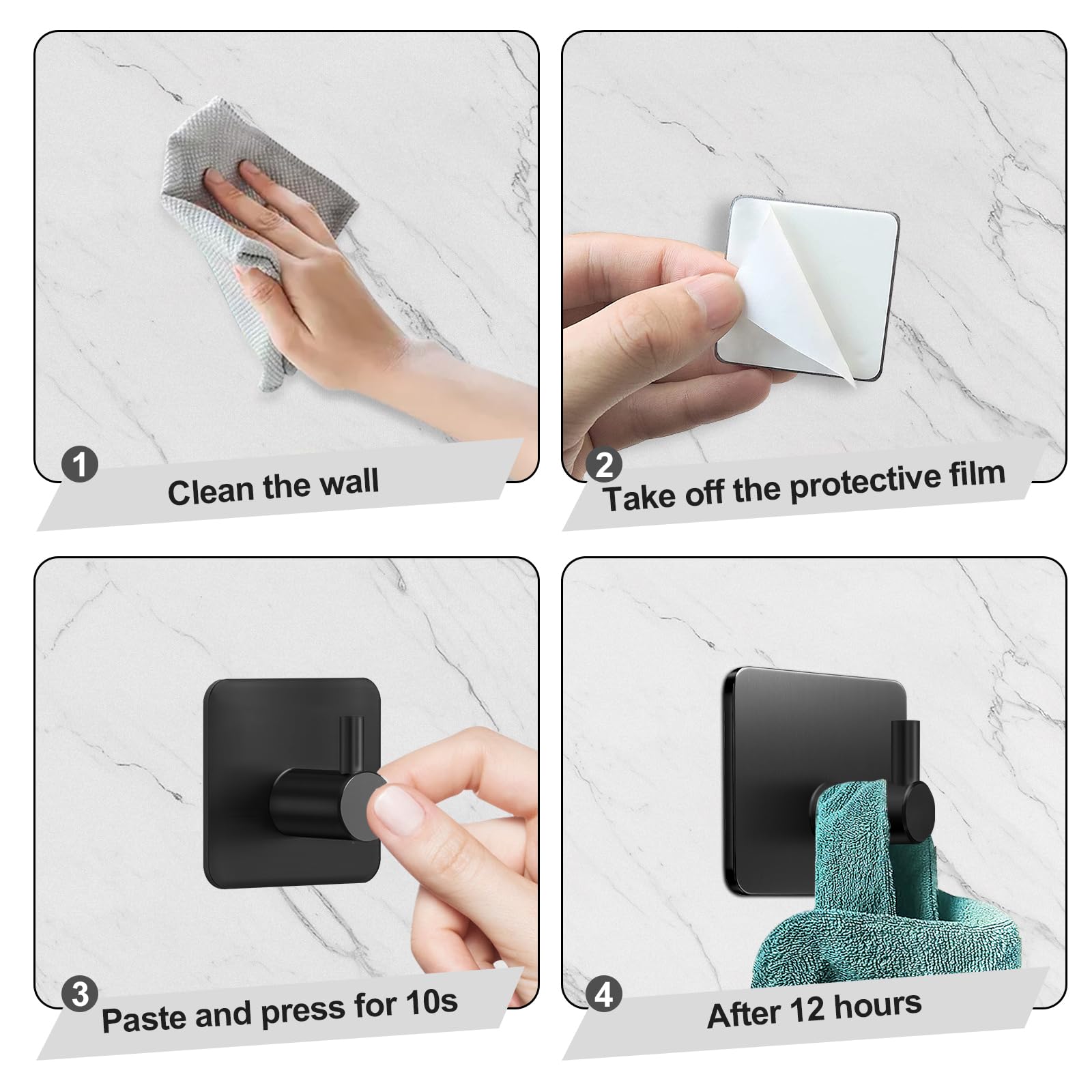 Ganchos Adhesivos para Pared Acero Inoxidable, 4 Piezas Negro, Colgadores Adhesivos, Autoadhesivo Colgador Toallas, Accesorios para Baño Extrafuertes y Sin Taladro, Multi-Uso para Llaves y Ropa