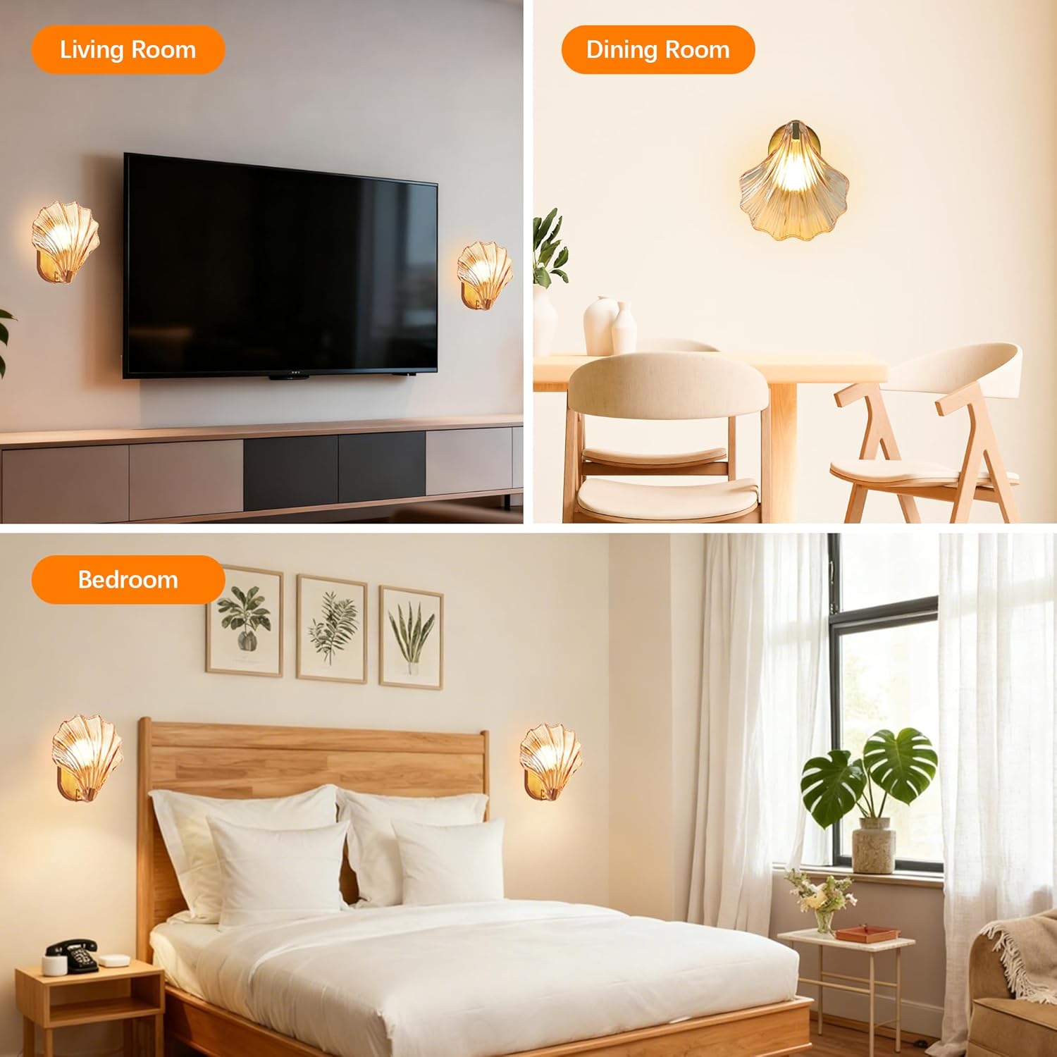 Vintage Battery Operated Wall Sconces with Remote, Amber Rechargeable Wireless Wall Sconces with Magnetic LED Bulbs, Indoor Shell Shaped Wall Lights for Living Room, Bedroom, Doorway, Set of 2